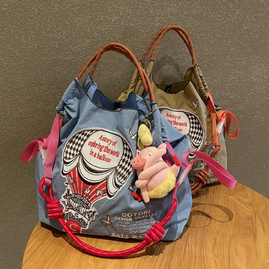 Eco-friendly Embroidered Hot Air Balloon Nylon Handbag Women Shoulder Bag Single Strap Crossbody Bag Fashionable Tote